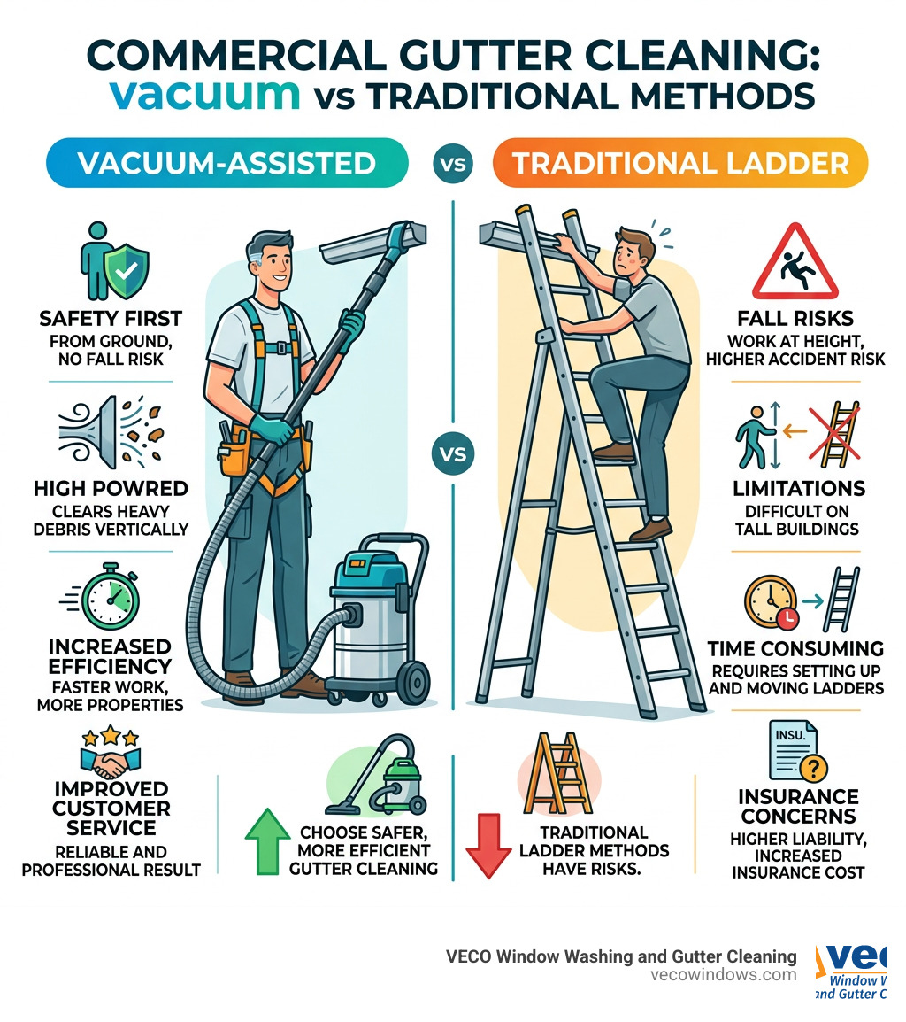 Infographic comparing vacuum-assisted commercial gutter cleaning vs traditional ladder methods - commercial gutter cleaner Infographic comparing vacuum-assisted commercial gutter cleaning vs traditional ladder methods - commercial gutter cleaner