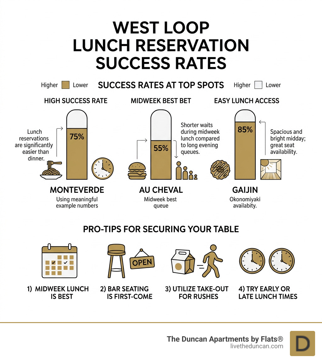 Infographic showing lunch reservation success rates at popular spots - West Loop lunch specials infographic Infographic showing lunch reservation success rates at popular spots - West Loop lunch specials infographic