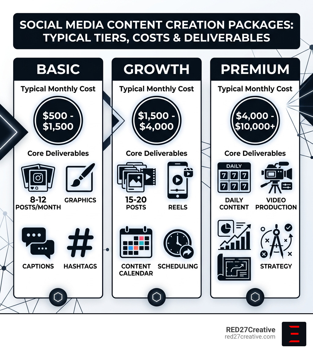 Infographic showing social media content creation package tiers, typical costs, and core deliverables at each level - social Infographic showing social media content creation package tiers, typical costs, and core deliverables at each level - social