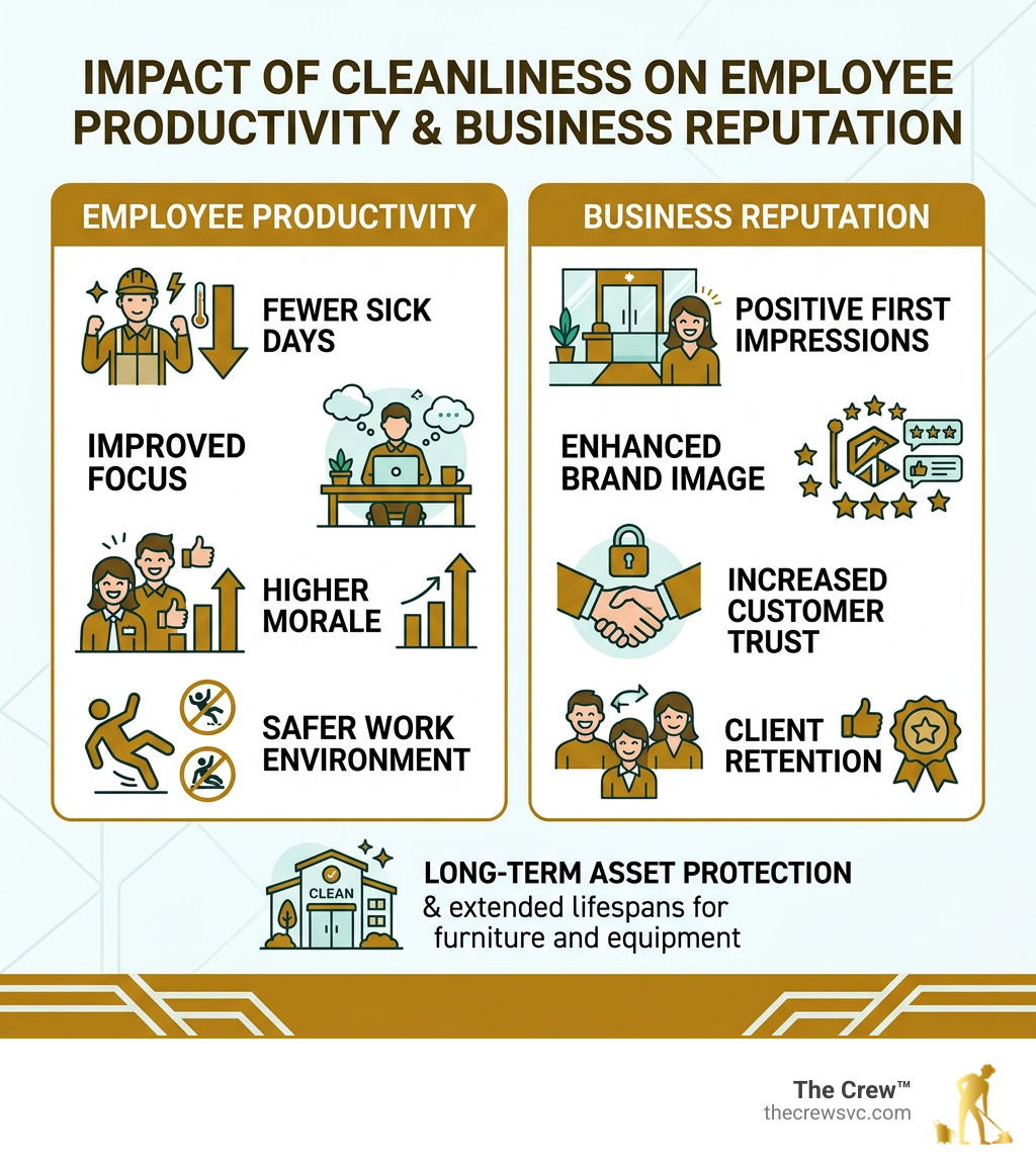 Impact of cleanliness on employee productivity and business reputation infographic - janitorial services denver infographic 