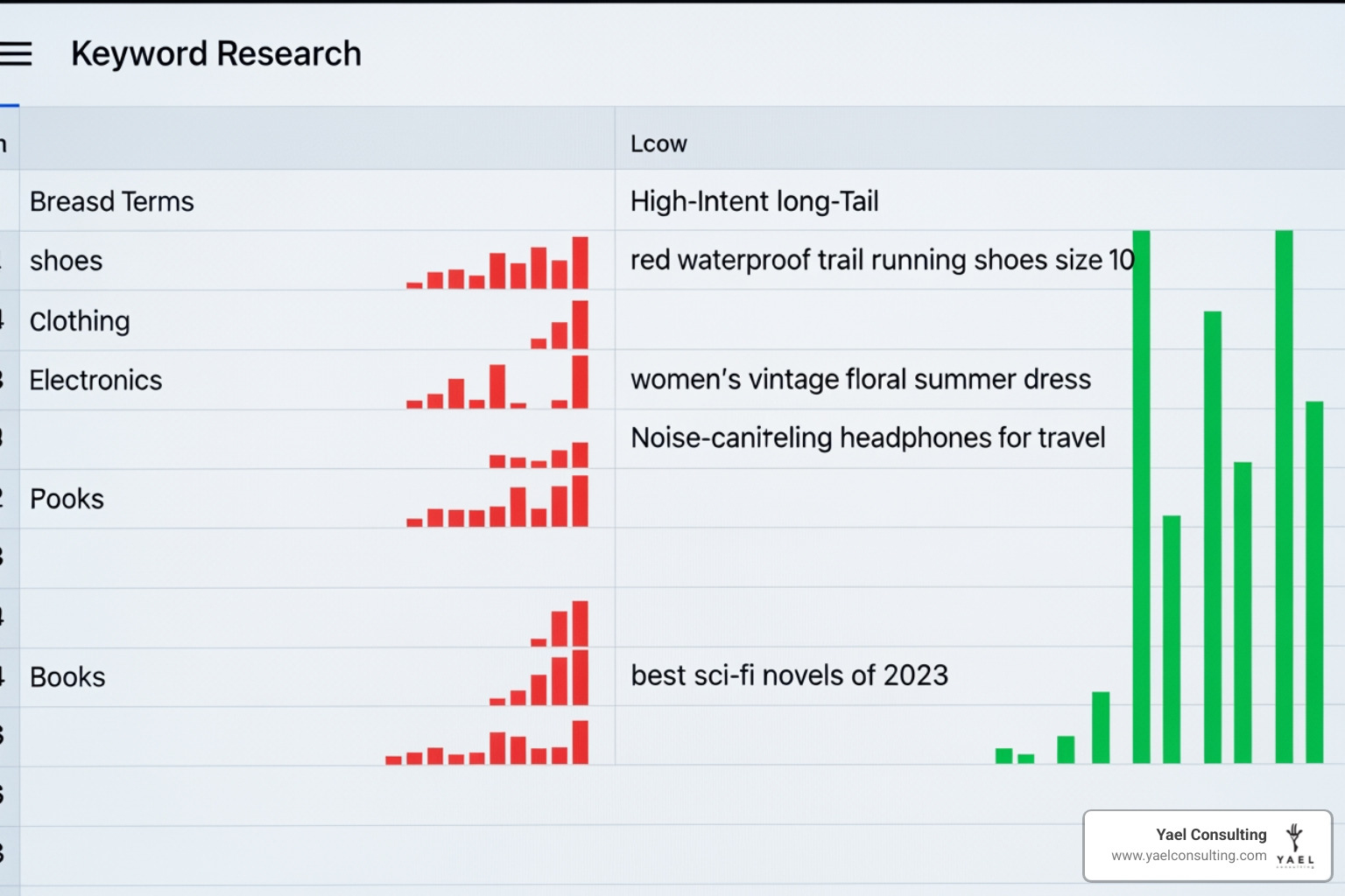 Keyword research data showing high-intent long-tail phrases versus broad terms - E-commerce PPC strategy Keyword research data showing high-intent long-tail phrases versus broad terms - E-commerce PPC strategy