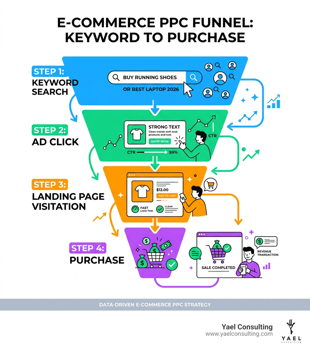 Infographic showing the e-commerce PPC funnel from keyword search to click to landing page to purchase - E-commerce PPC Infographic showing the e-commerce PPC funnel from keyword search to click to landing page to purchase - E-commerce PPC