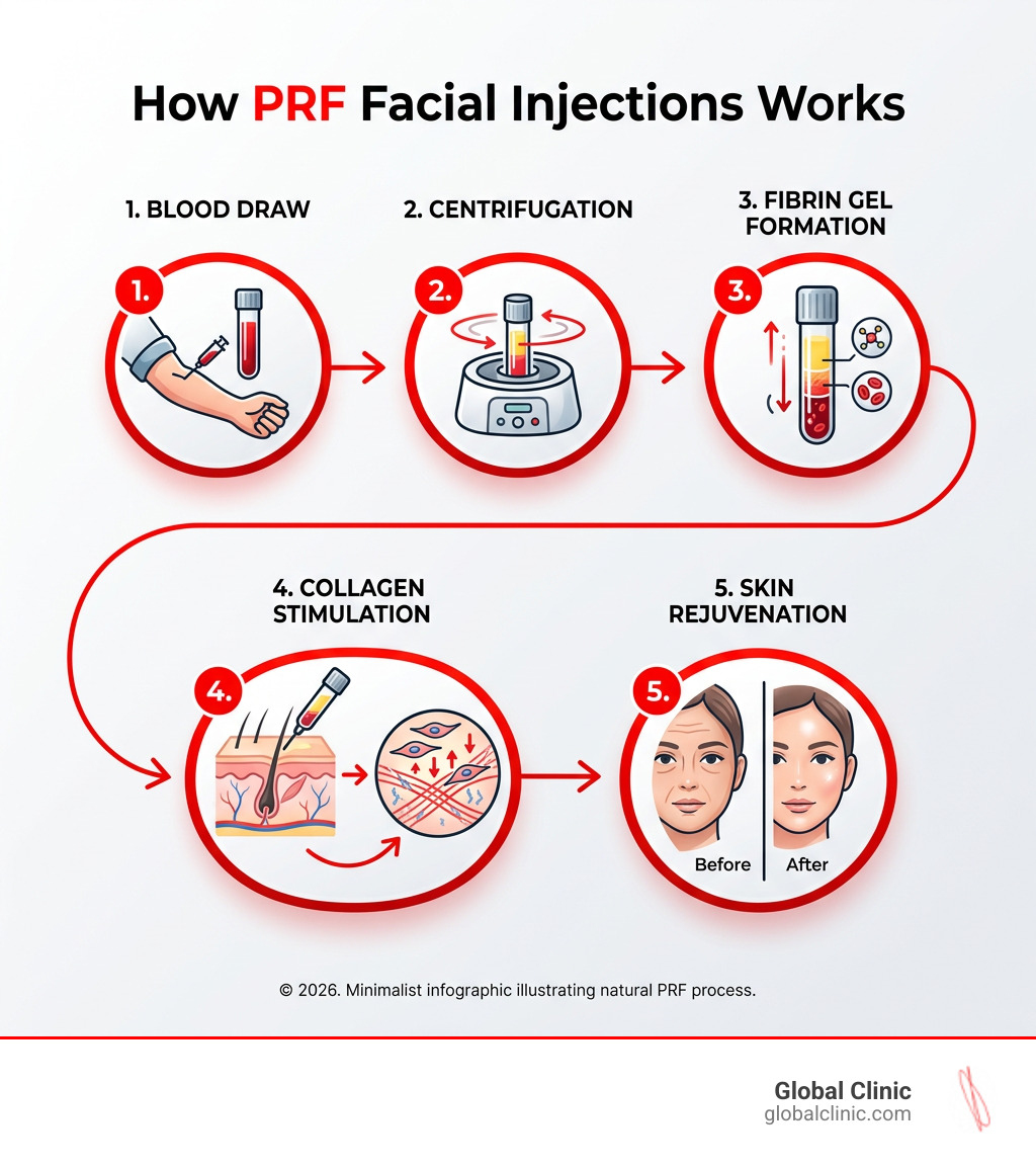 How PRF facial injections work: blood draw, centrifugation, fibrin gel formation, collagen stimulation, skin rejuvenation