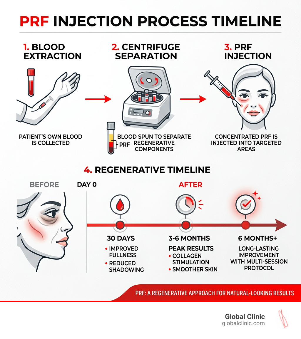 PRF injection process timeline infographic showing extraction, centrifuge, and before and after stages - prf injections