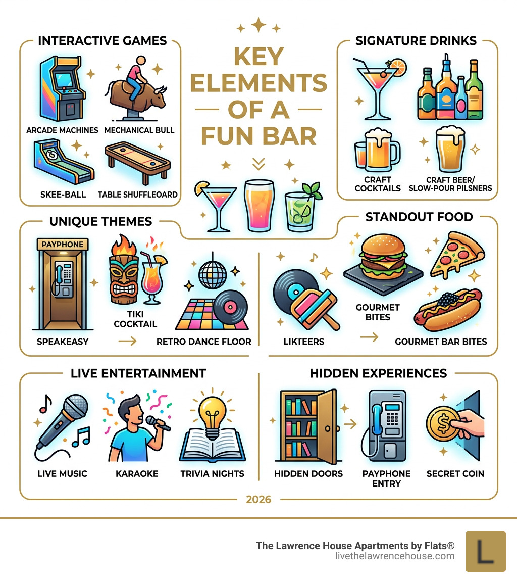 Infographic showing key elements of a fun bar: games, themes, cocktails, food, entertainment, and hidden experiences - fun