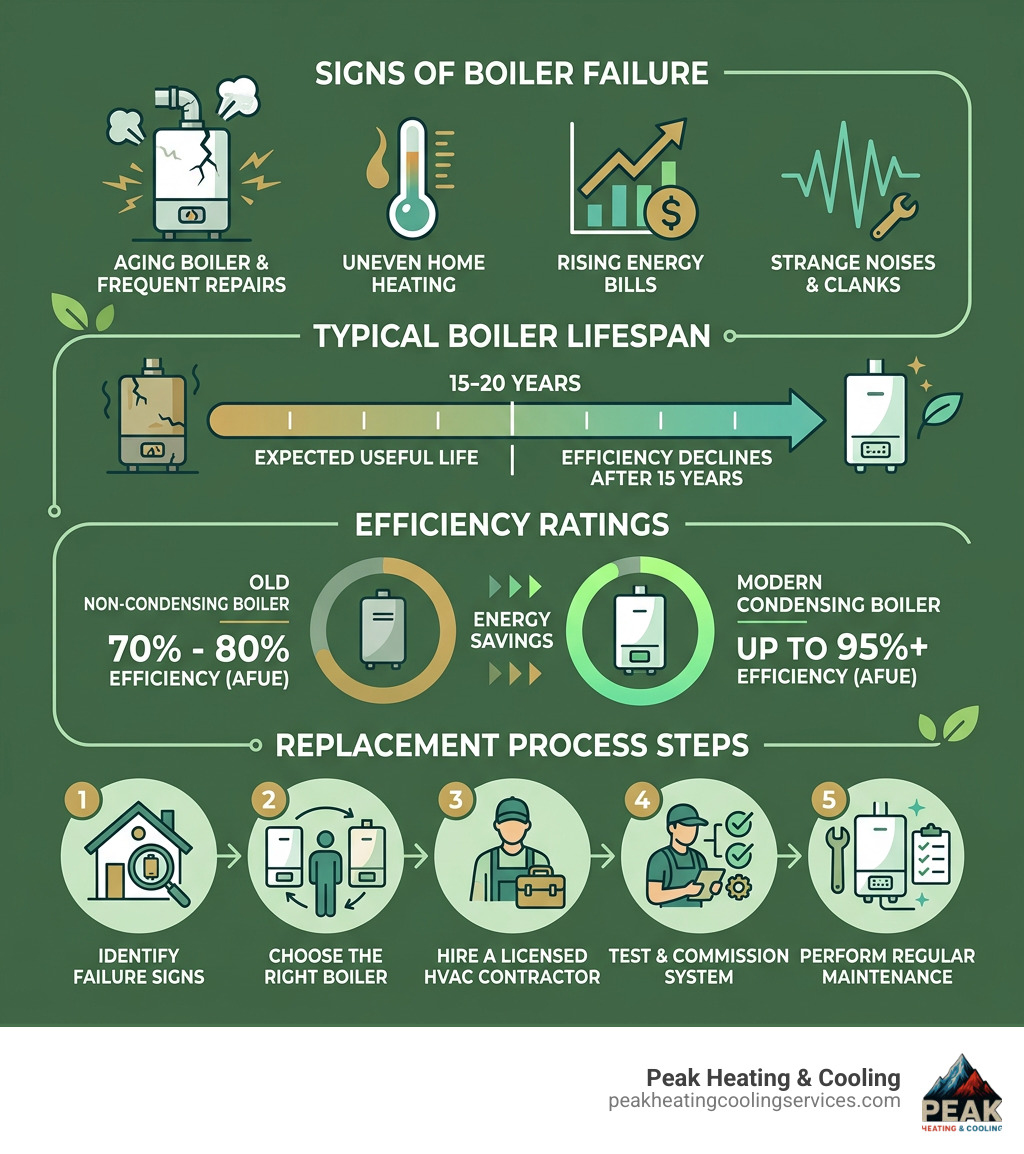 Infographic showing signs of boiler failure, boiler lifespan, efficiency ratings, and replacement process steps - replacing