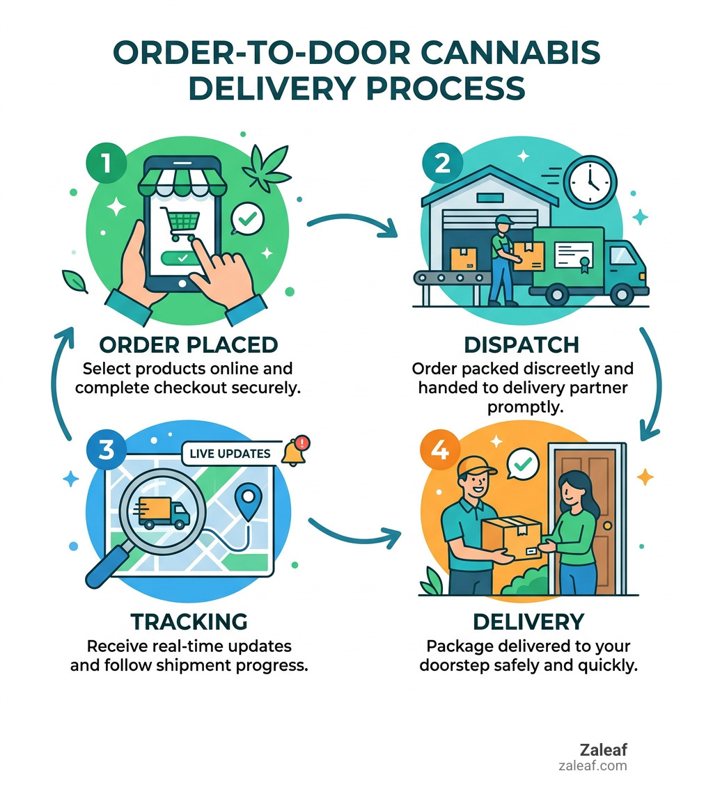 Order-to-door cannabis delivery process: order placed, dispatch, tracking, delivery - Fast shipping cannabis infographic Order-to-door cannabis delivery process: order placed, dispatch, tracking, delivery - Fast shipping cannabis infographic