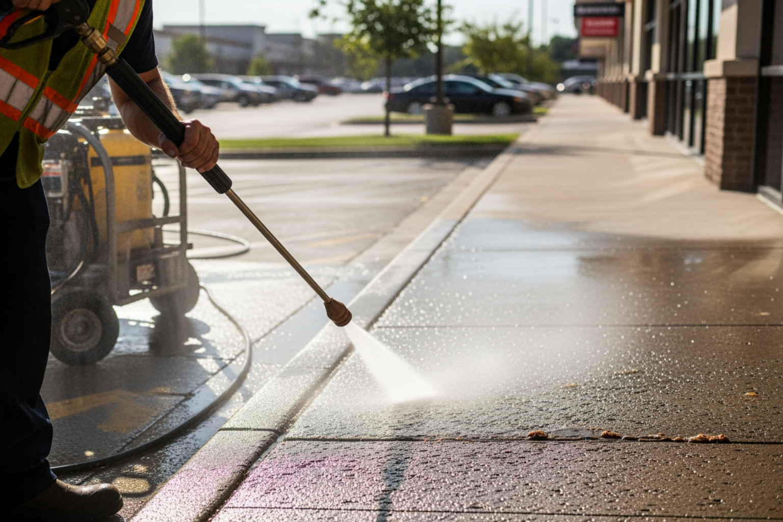 Professional pressure washing equipment on a commercial sidewalk - Indianapolis strip mall cleaning