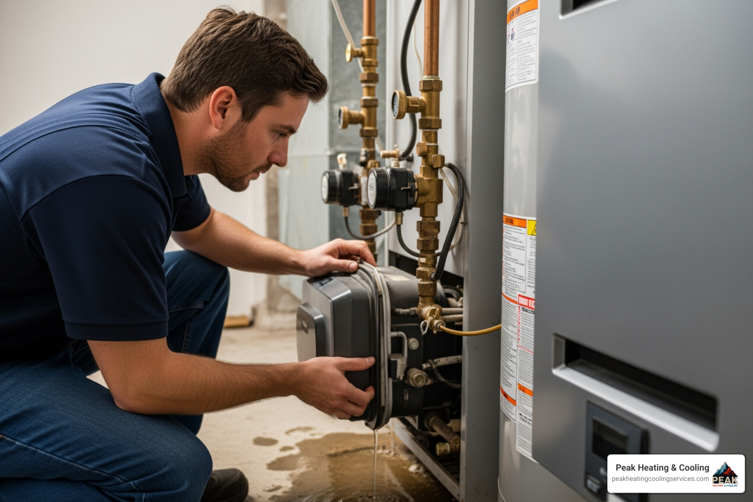 Technician inspecting a leaking boiler unit in a residential mechanical room - replacing a boiler system
