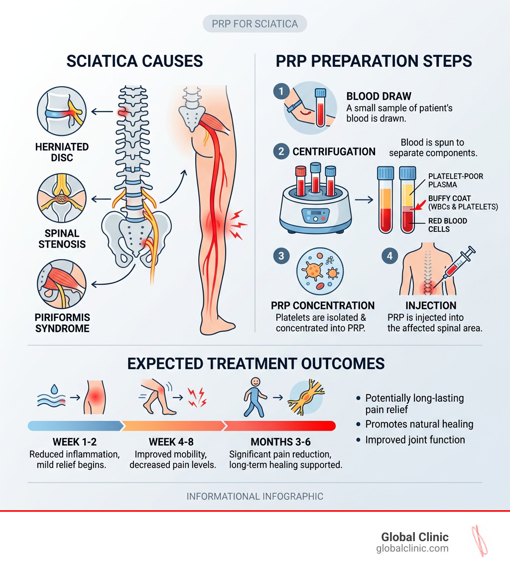 Infographic showing sciatica causes, PRP preparation steps, and expected treatment outcomes - PRP for sciatica infographic 