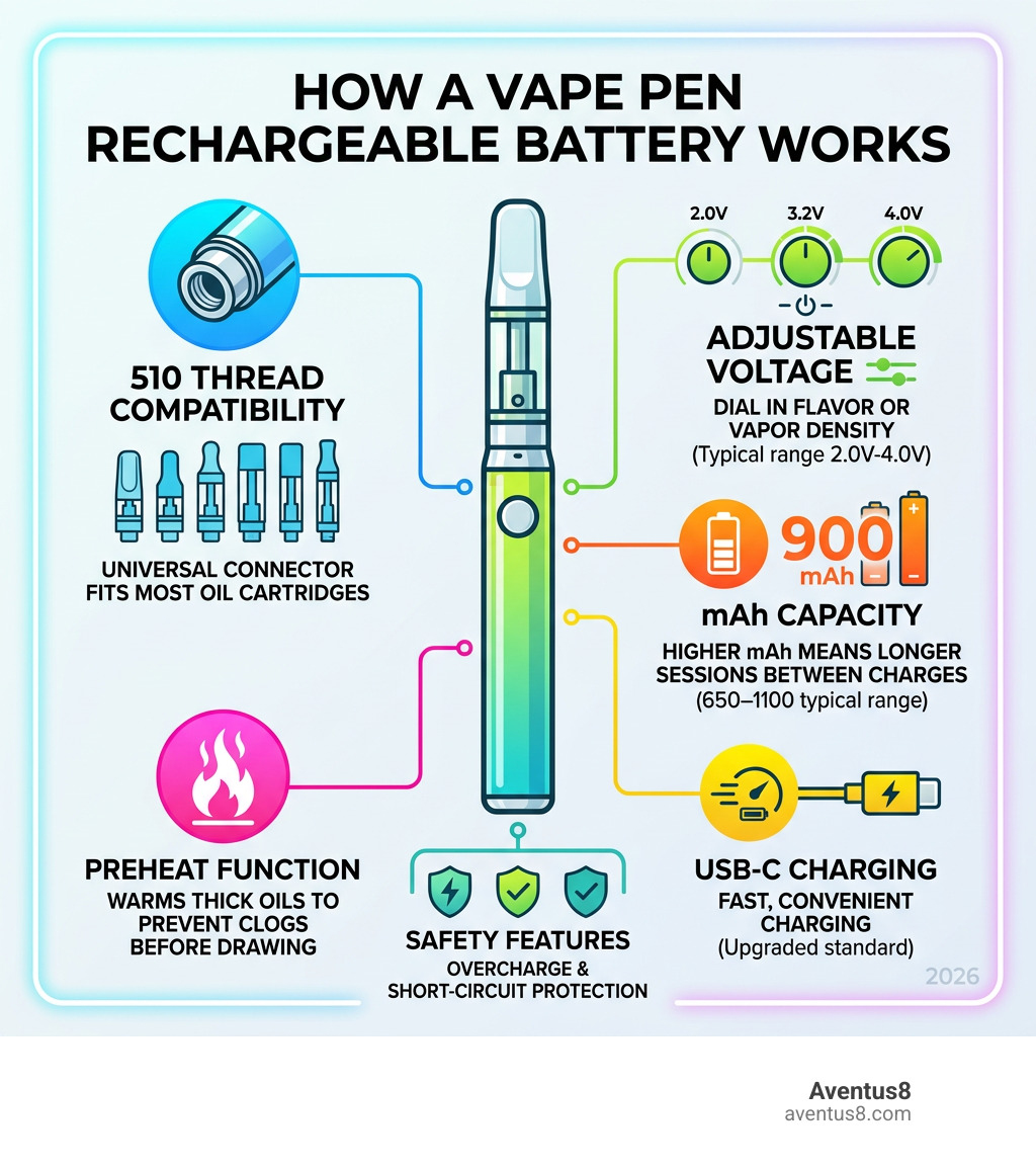 Infographic: how a vape pen rechargeable battery works — 510 thread, voltage settings, mAh capacity, preheat, USB-C charging