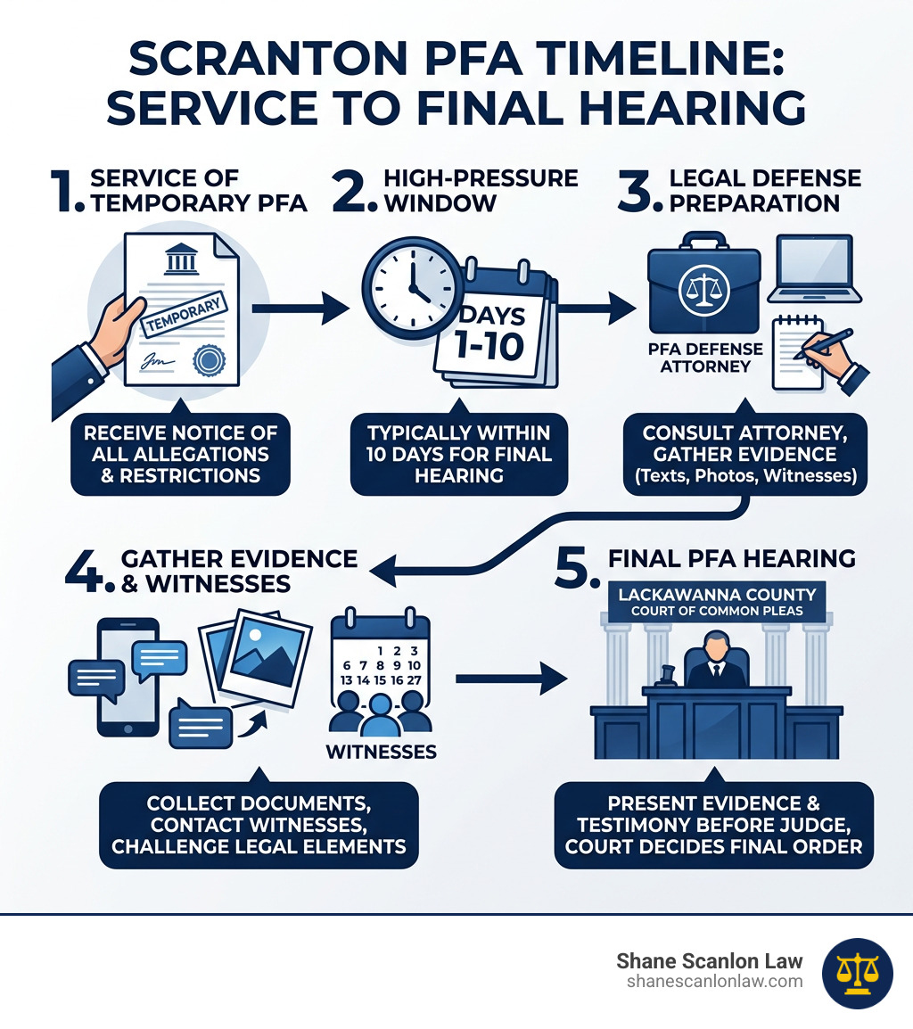 PFA timeline infographic from service of temporary order to final hearing in Scranton Lackawanna County - Challenging PFA PFA timeline infographic from service of temporary order to final hearing in Scranton Lackawanna County - Challenging PFA