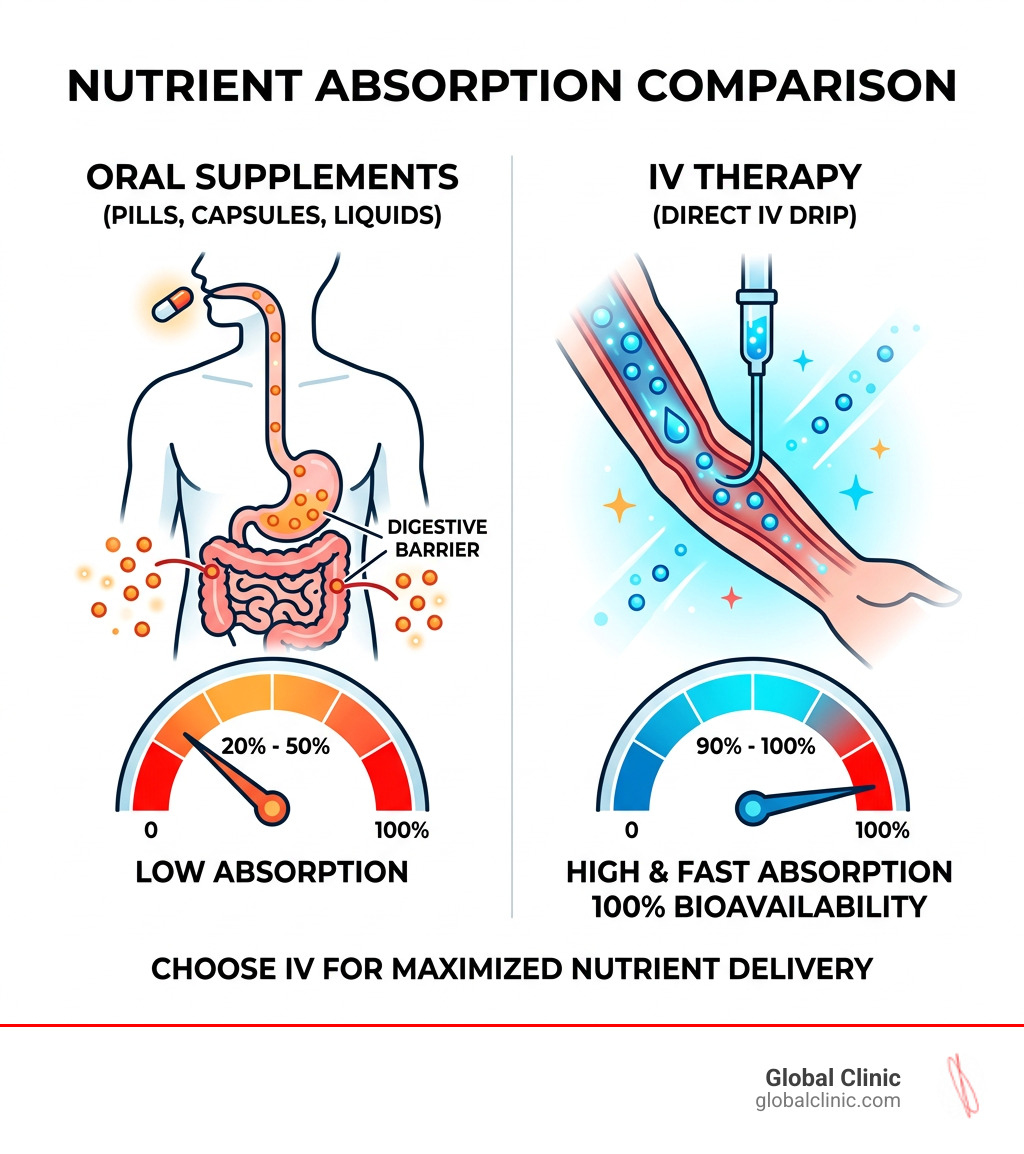 Table comparing absorption rates: Oral vitamins 20-50% vs IV therapy 90-100% - iv bar drips infographic 