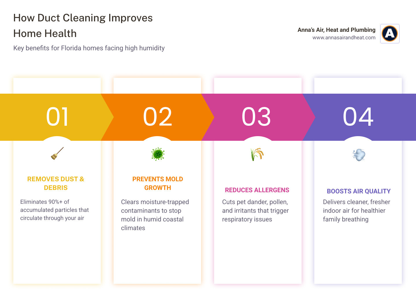 Infographic showing how air duct cleaning improves home health and indoor air quality in Florida - best duct cleaning Infographic showing how air duct cleaning improves home health and indoor air quality in Florida - best duct cleaning