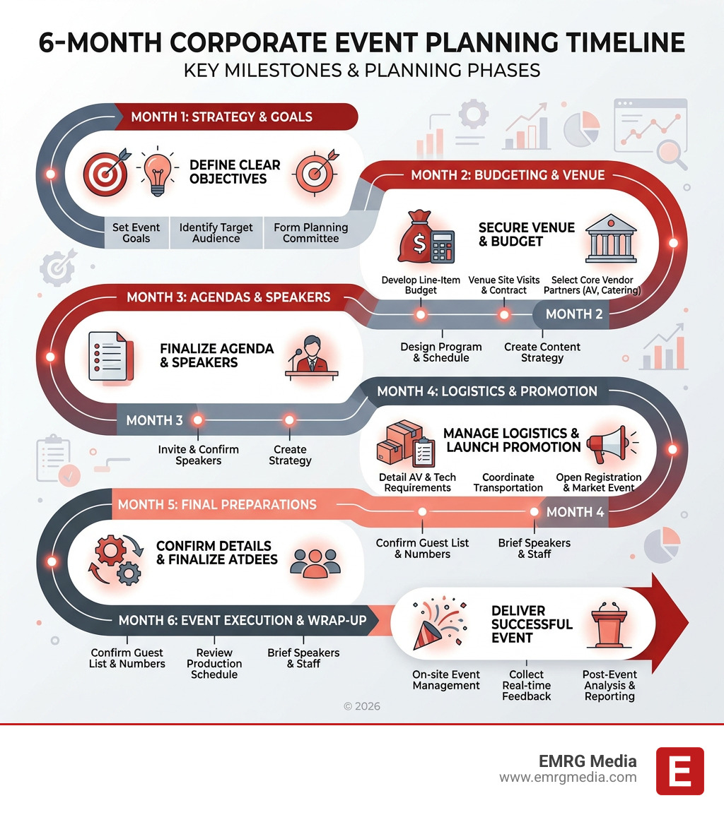 6-month corporate event planning timeline with key milestones and planning phases - corporate meeting event planning