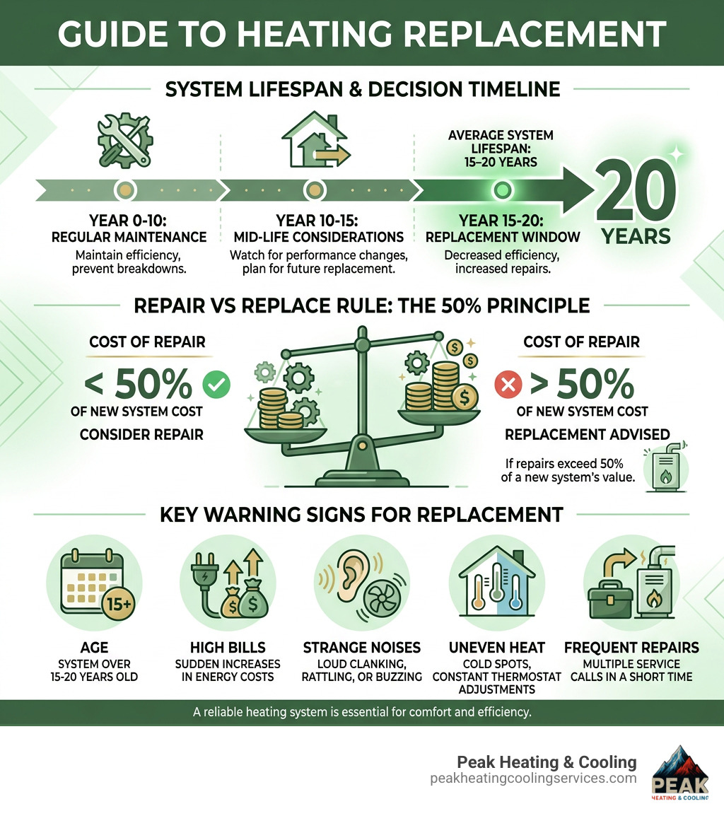 Infographic showing heating replacement decision timeline, system lifespan, repair vs replace rule, and key warning signs