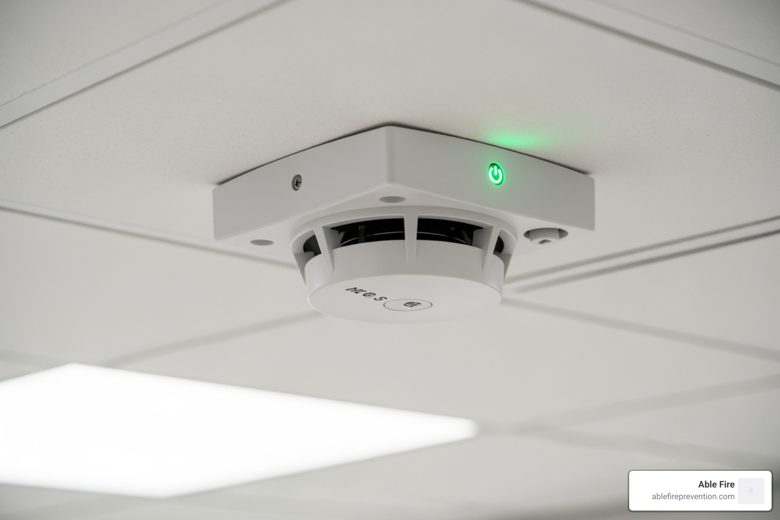 Smoke detector on a ceiling with a green power light active - 24 hour alarm company
