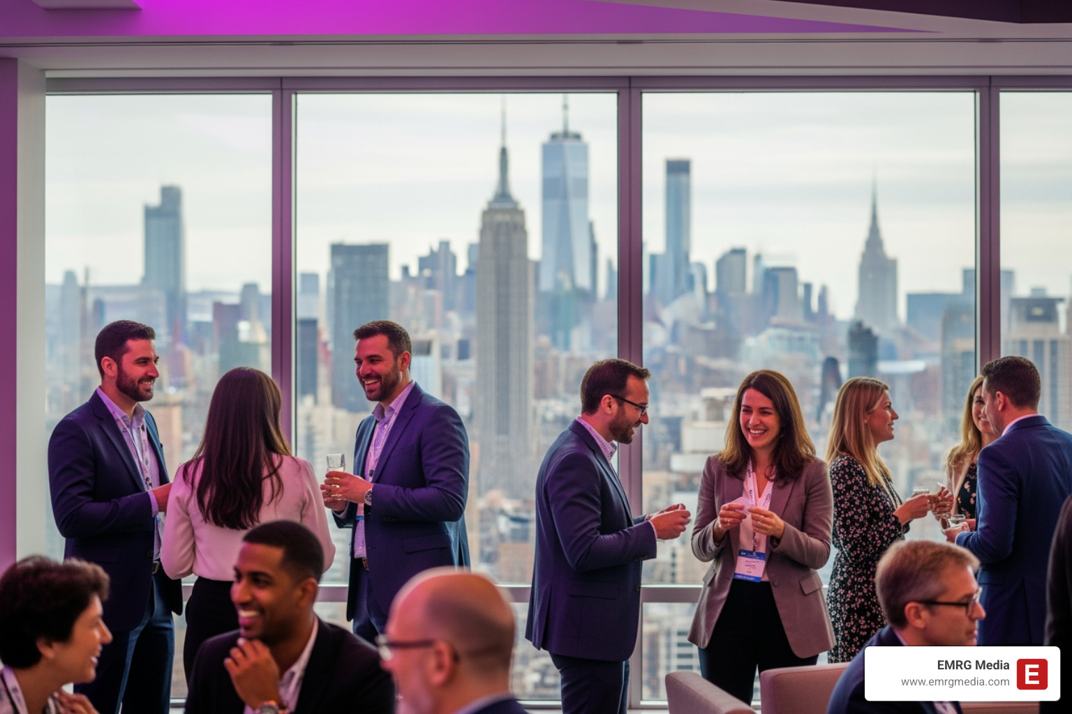 Professionals networking and smiling at a high-energy corporate event in NYC - corporate meeting event planning