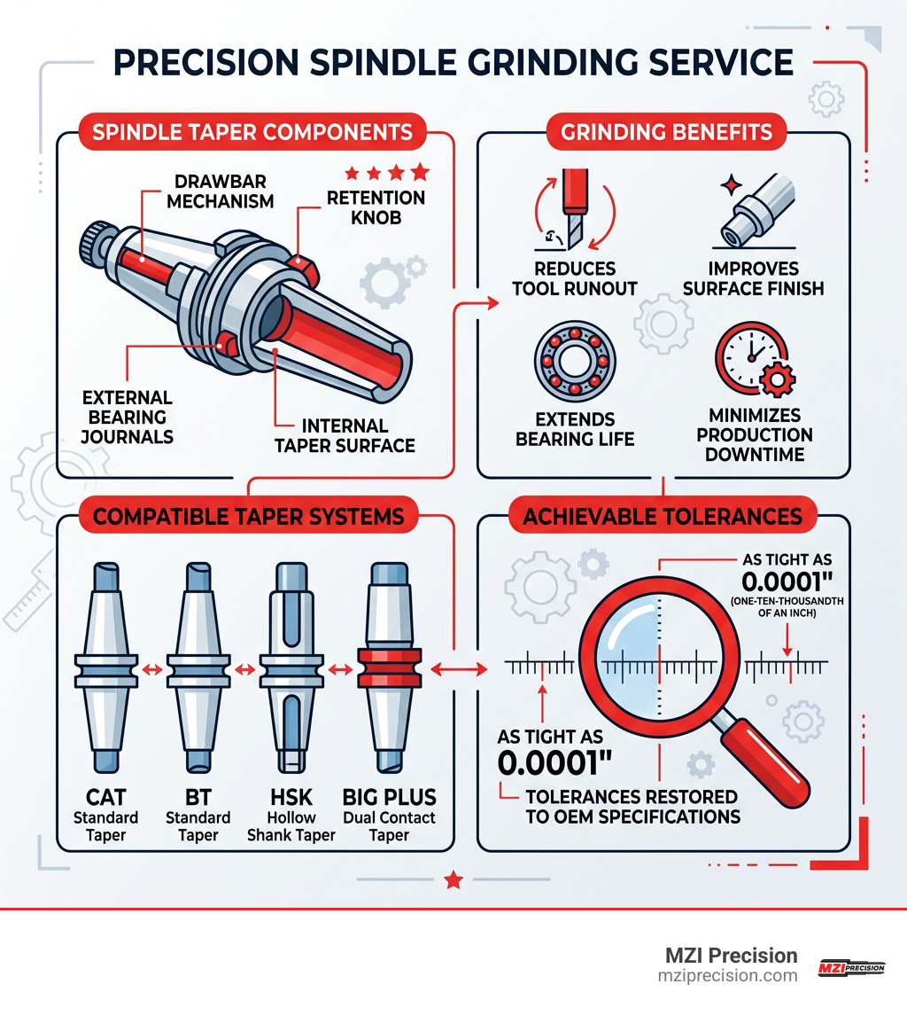 Infographic showing spindle taper components, grinding benefits, compatible taper systems, and achievable tolerances Infographic showing spindle taper components, grinding benefits, compatible taper systems, and achievable tolerances