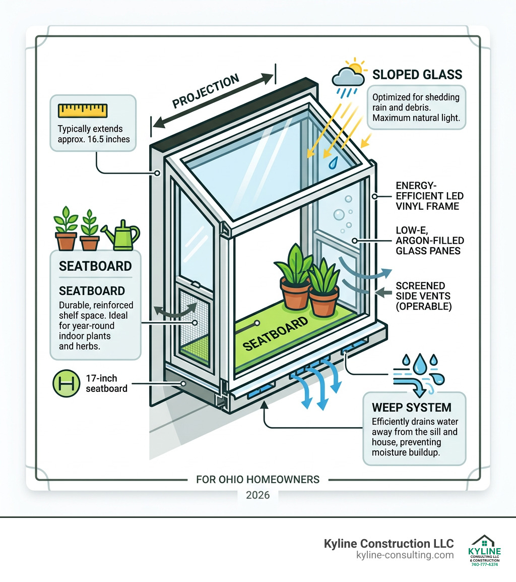 Garden window anatomy diagram showing projection, seatboard, sloped glass, and weep system - Garden window replacement Ohio Garden window anatomy diagram showing projection, seatboard, sloped glass, and weep system - Garden window replacement Ohio
