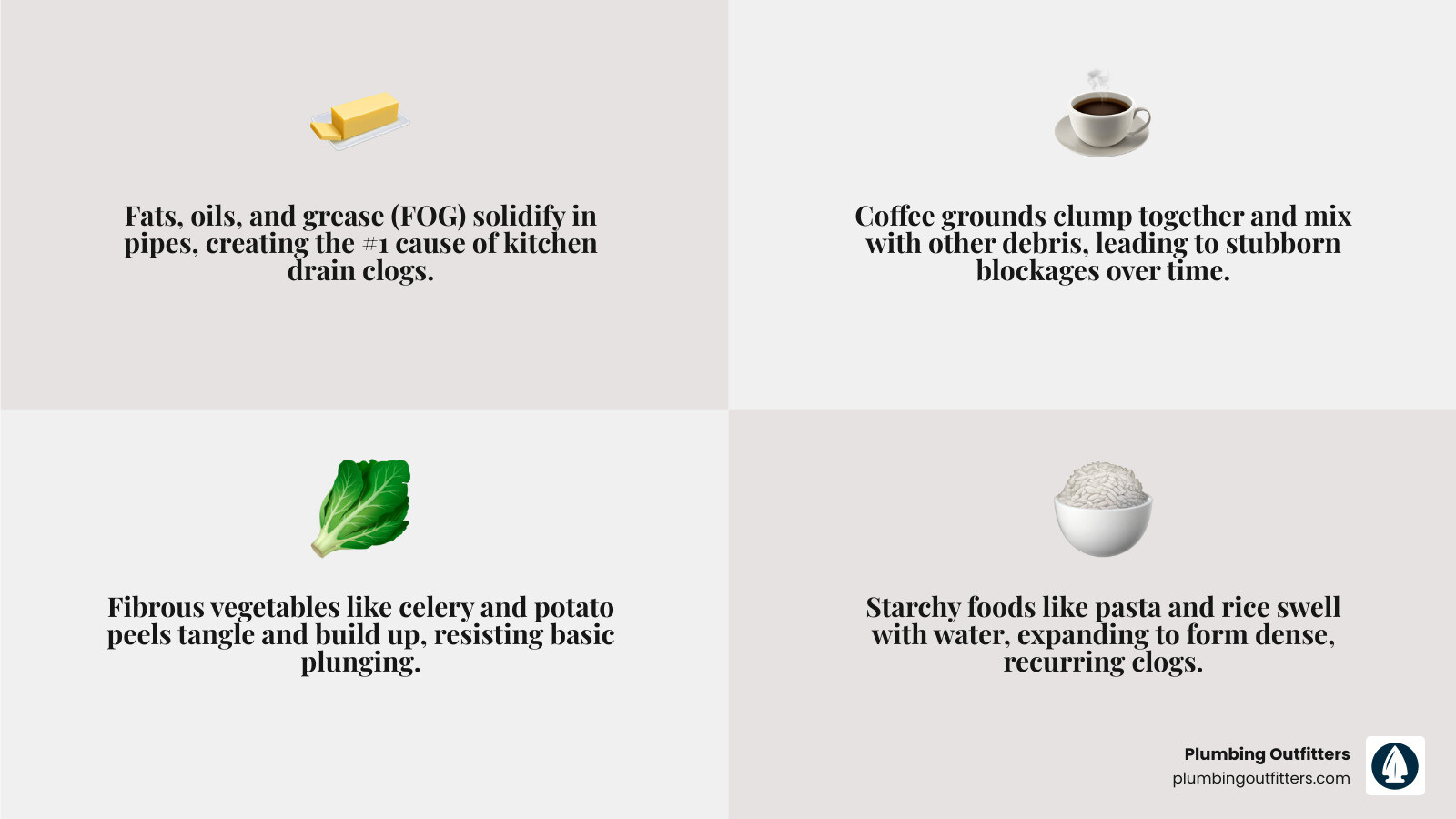 Infographic showing common drain clog causes and professional cleaning solutions for Cedar Park TX homes - drain cleaning Fats, oils, and grease causing kitchen drain clogs; coffee grounds forming stubborn blockages; fibrous vegetables tangling in pipes; starchy foods expanding to create recurring clogs; Plumbing Outfitters branding.