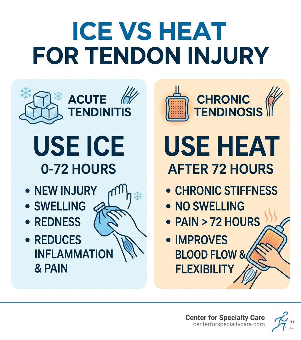 Infographic: Ice vs Heat for tendon injury — acute tendinitis use ice 0-72 hours, chronic tendinosis use heat after 72 hours