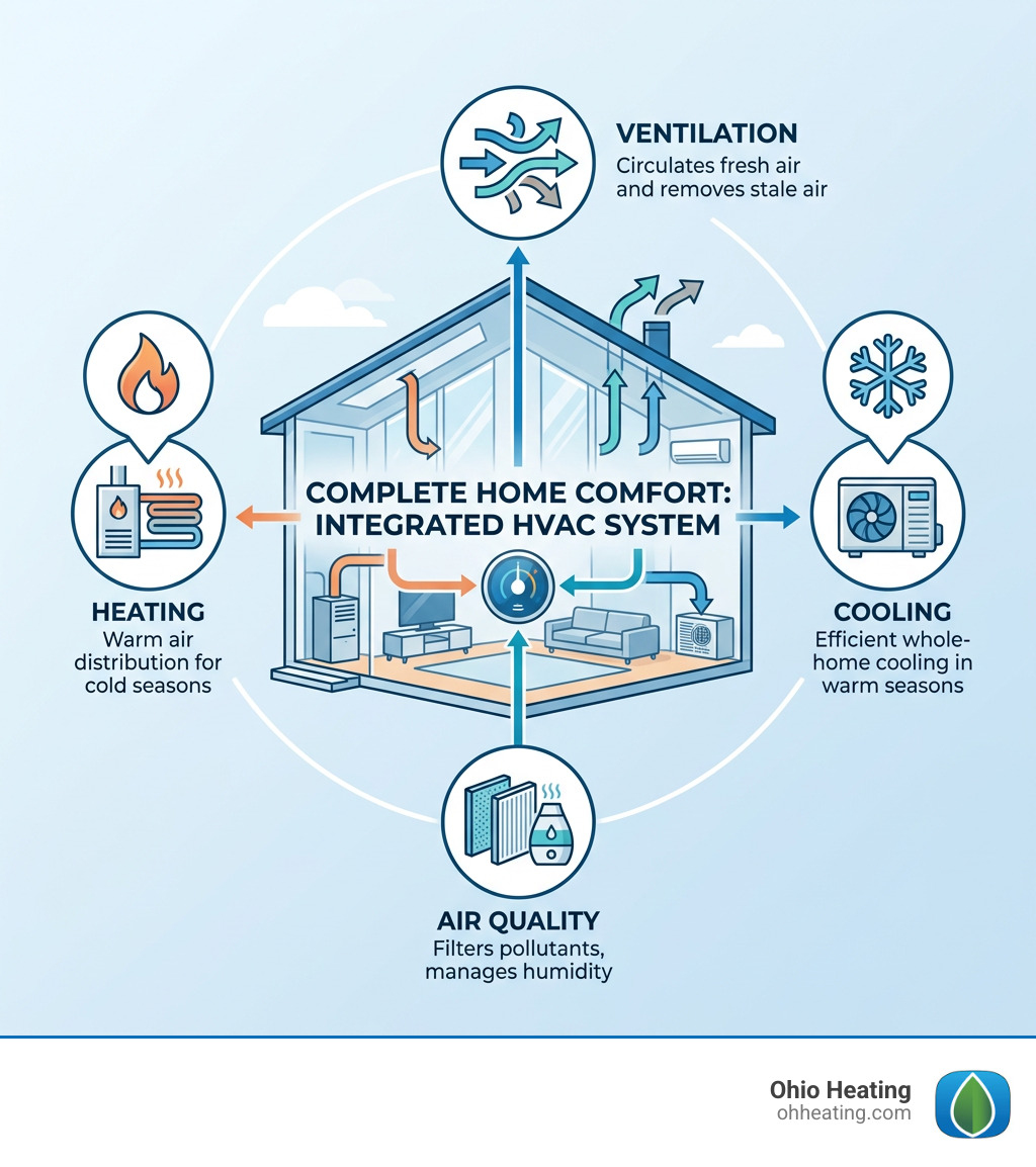 infographic showing how heating, cooling, ventilation, and air quality integrate into a complete home comfort system - Home
