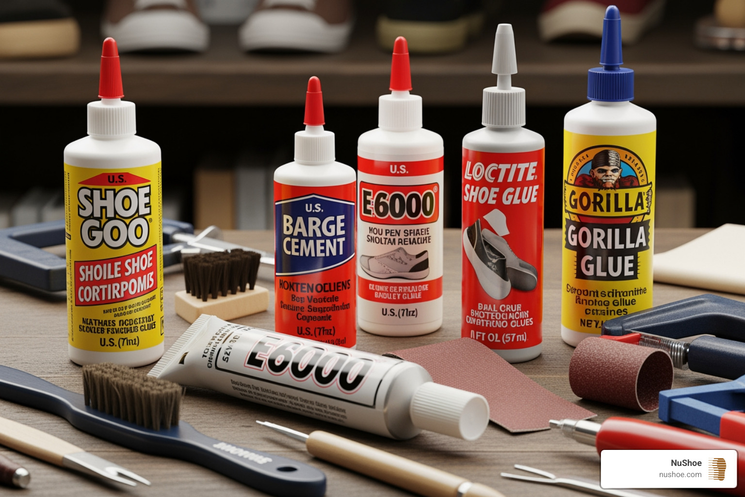 Collection of popular shoe glue tubes and repair tools - Best shoe glue