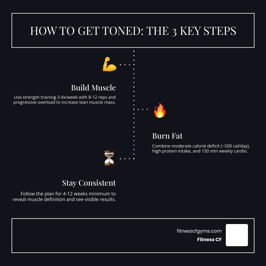 Infographic showing the toning process: strength training builds muscle, cardio burns fat, nutrition supports both - gym