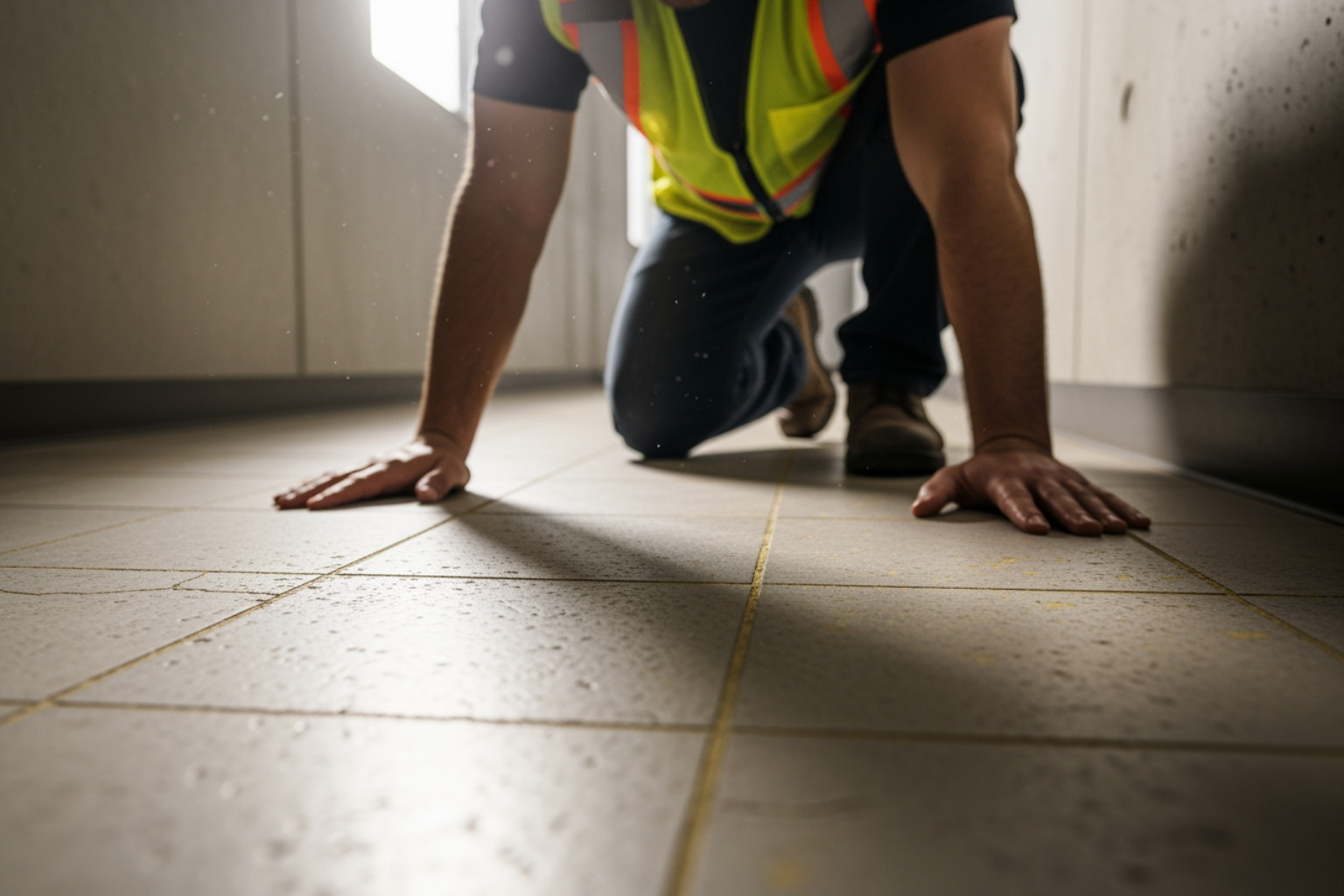 technician inspecting aged VCT floor texture - cleaning old vct tile