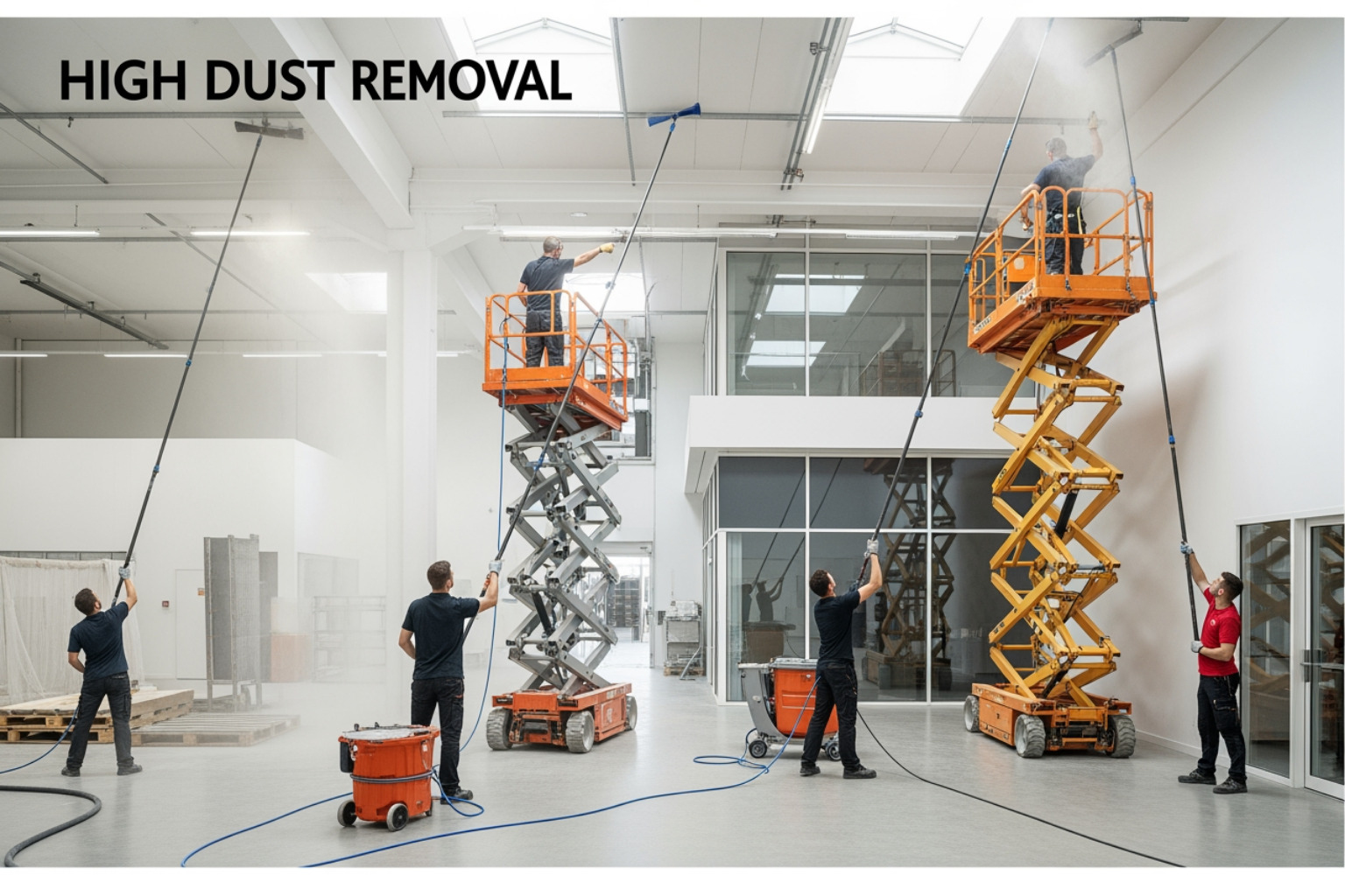 technician using a scissor lift for overhead cleaning - High dust removal services