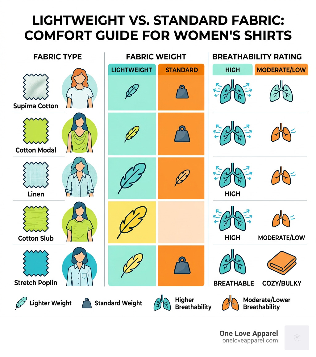 infographic showing lightweight vs standard fabric weights and breathability ratings for common shirt fabrics - lightweight