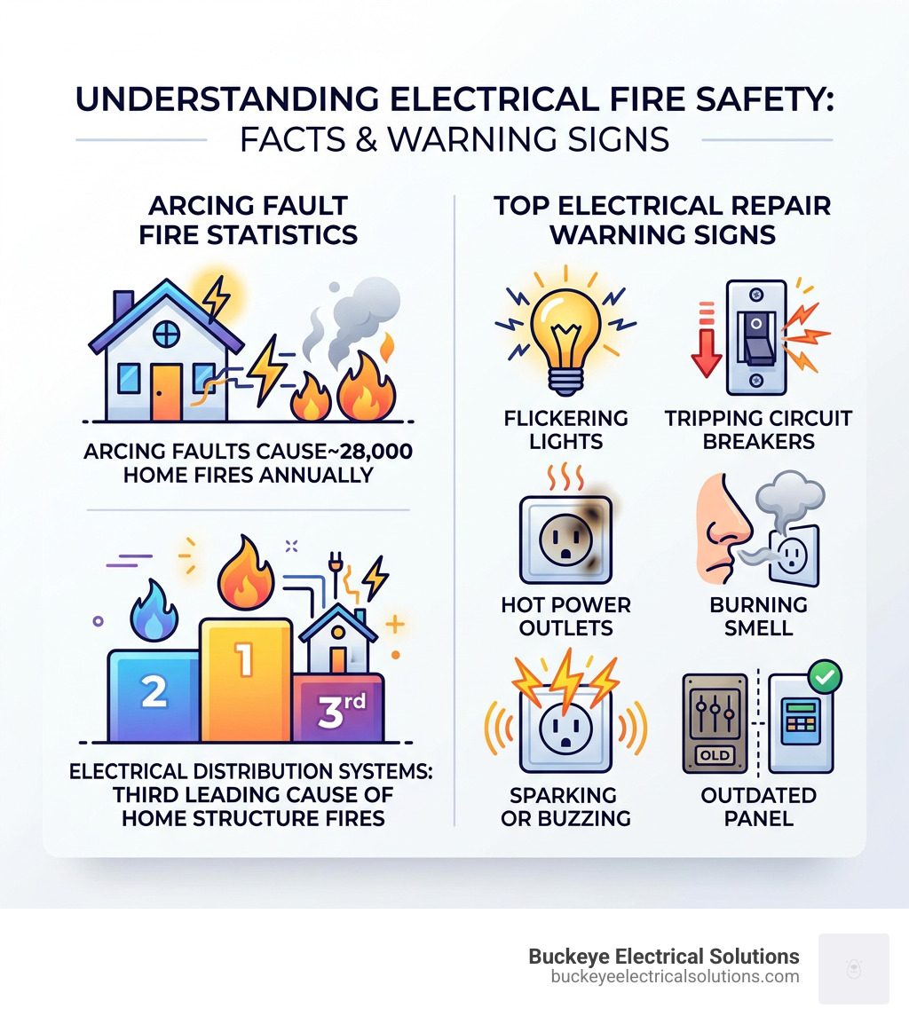 Infographic showing arcing fault fire statistics and top electrical repair warning signs - Electrical repair Wellington Infographic showing arcing fault fire statistics and top electrical repair warning signs - Electrical repair Wellington