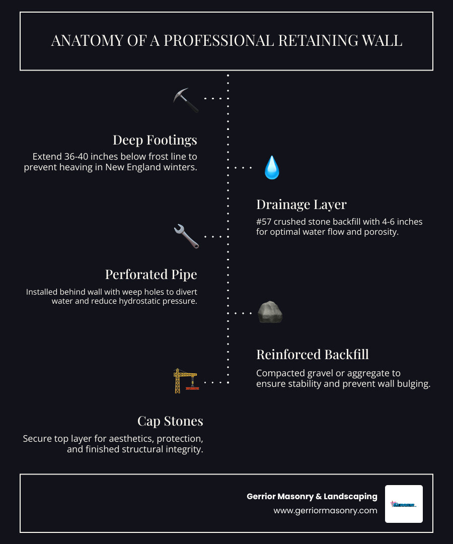 Anatomy of a professional retaining wall: footings, drainage layer, backfill, and cap stones - Landscape Retaining Walls