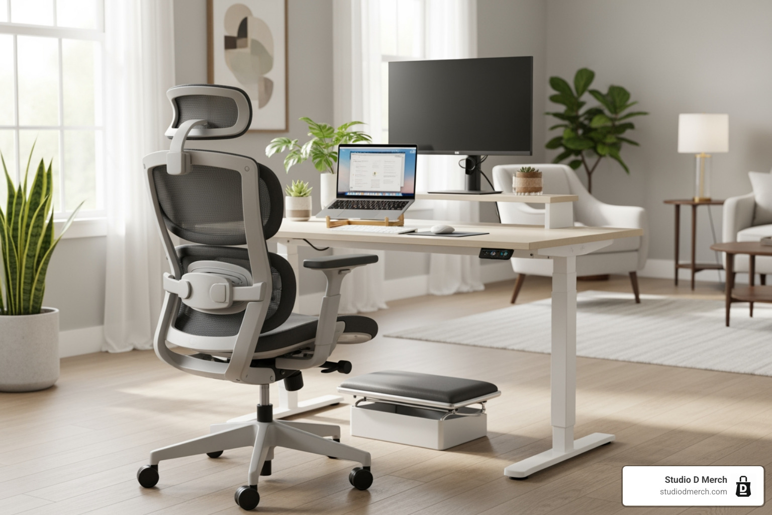 Ergonomic home office setup with adjustable chair and monitor - gifts for work from home women
