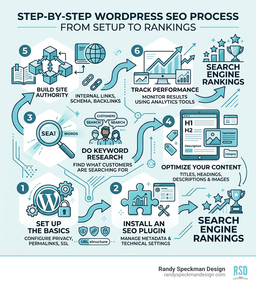 Step-by-step WordPress SEO process from setup to rankings - SEO for WordPress sites infographic 