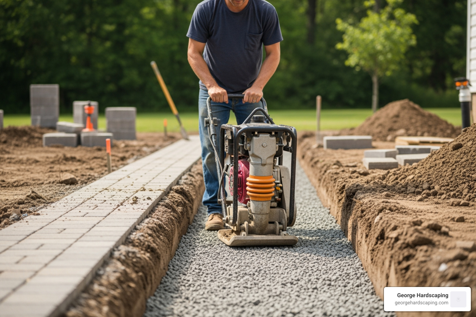 A DIYer using a plate compactor to stabilize a crushed stone sub-base in a 7-inch deep trench - how to create a paver walkway A DIYer using a plate compactor to stabilize a crushed stone sub-base in a 7-inch deep trench - how to create a paver walkway