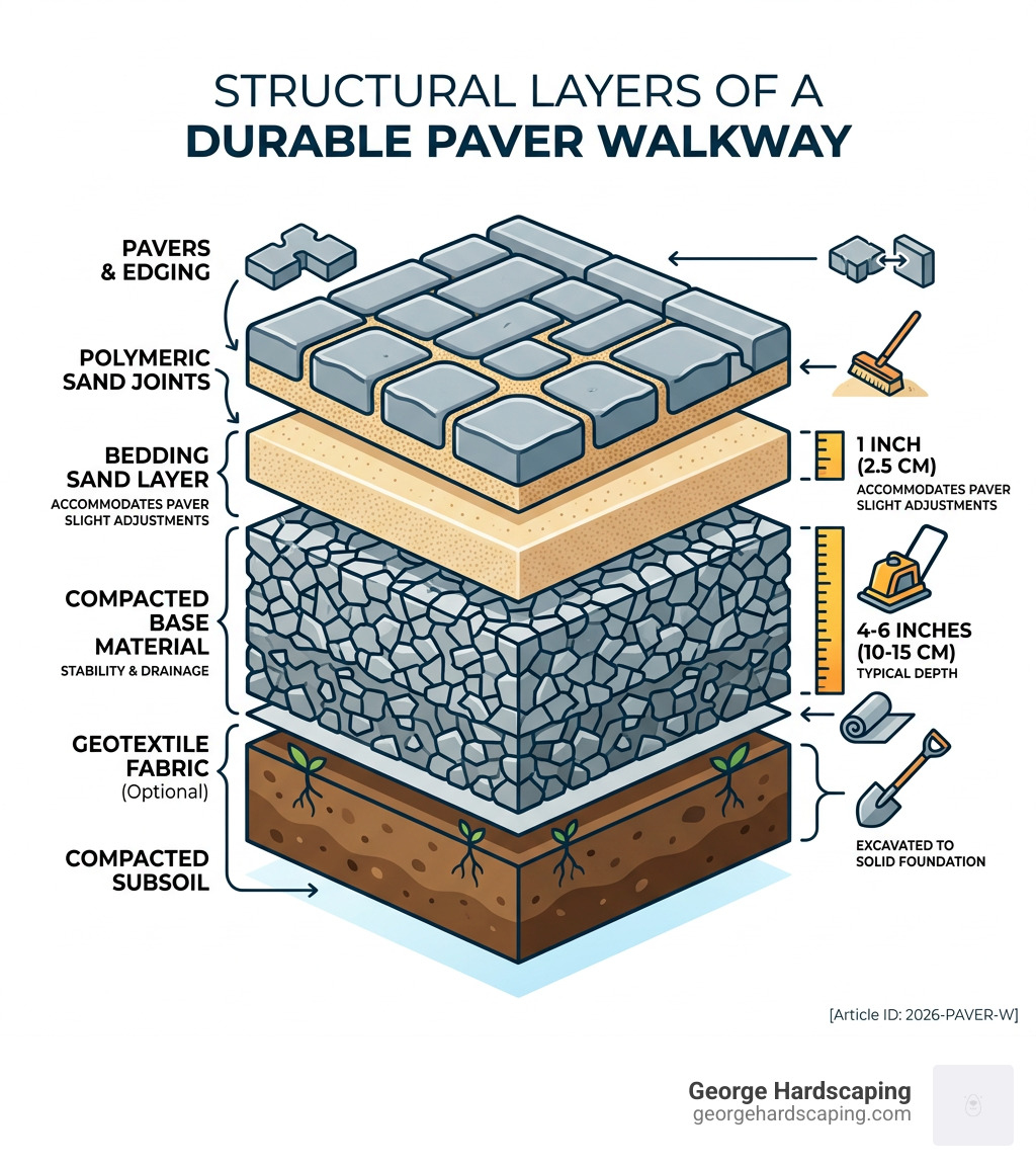 Infographic showing structural layers of a paver walkway from subsoil to surface including compacted base, bedding sand, and Infographic showing structural layers of a paver walkway from subsoil to surface including compacted base, bedding sand, and