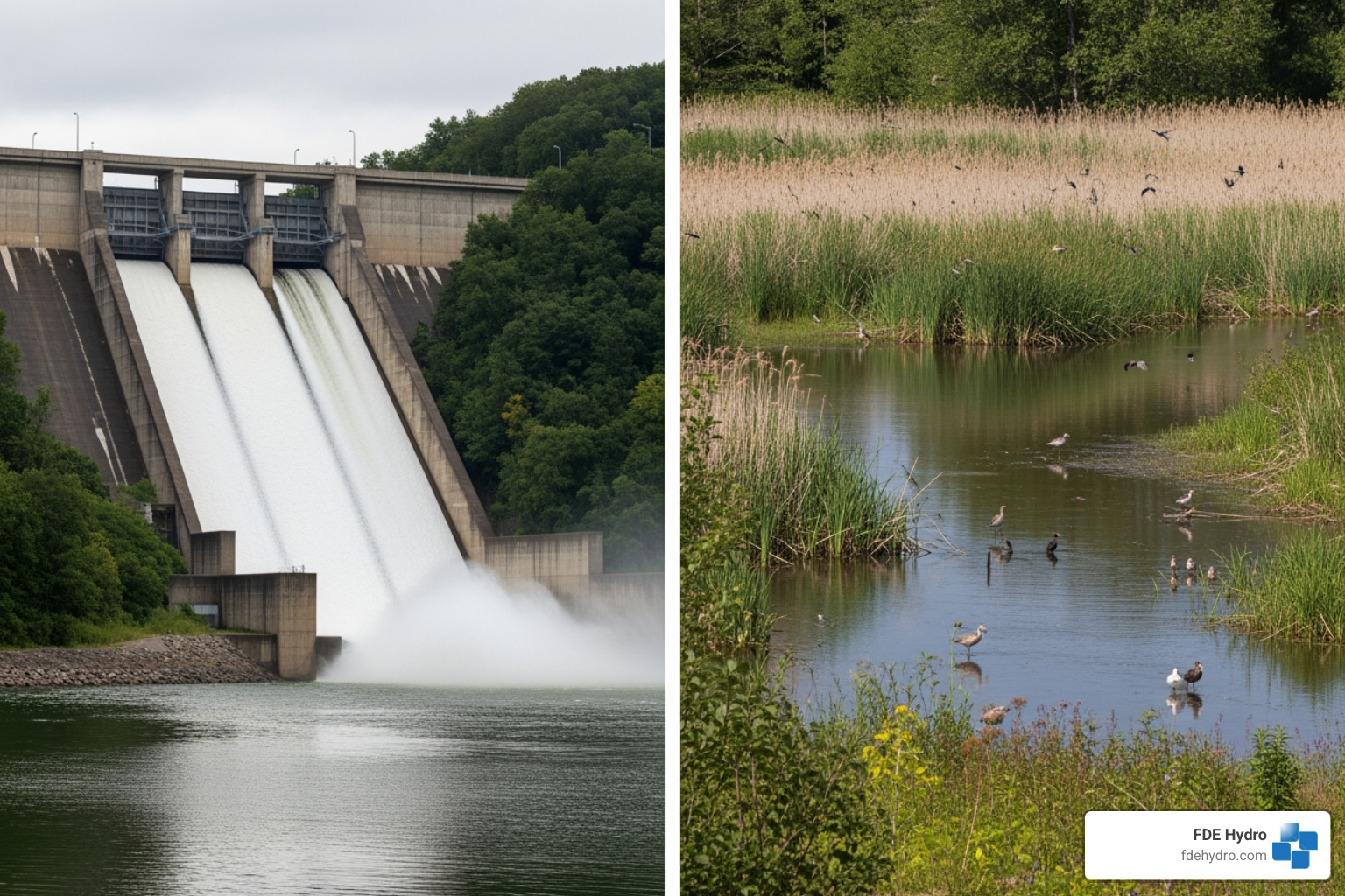 Comparison of a concrete dam spillway and a restored wetland area - Water management infrastructure Comparison of a concrete dam spillway and a restored wetland area - Water management infrastructure