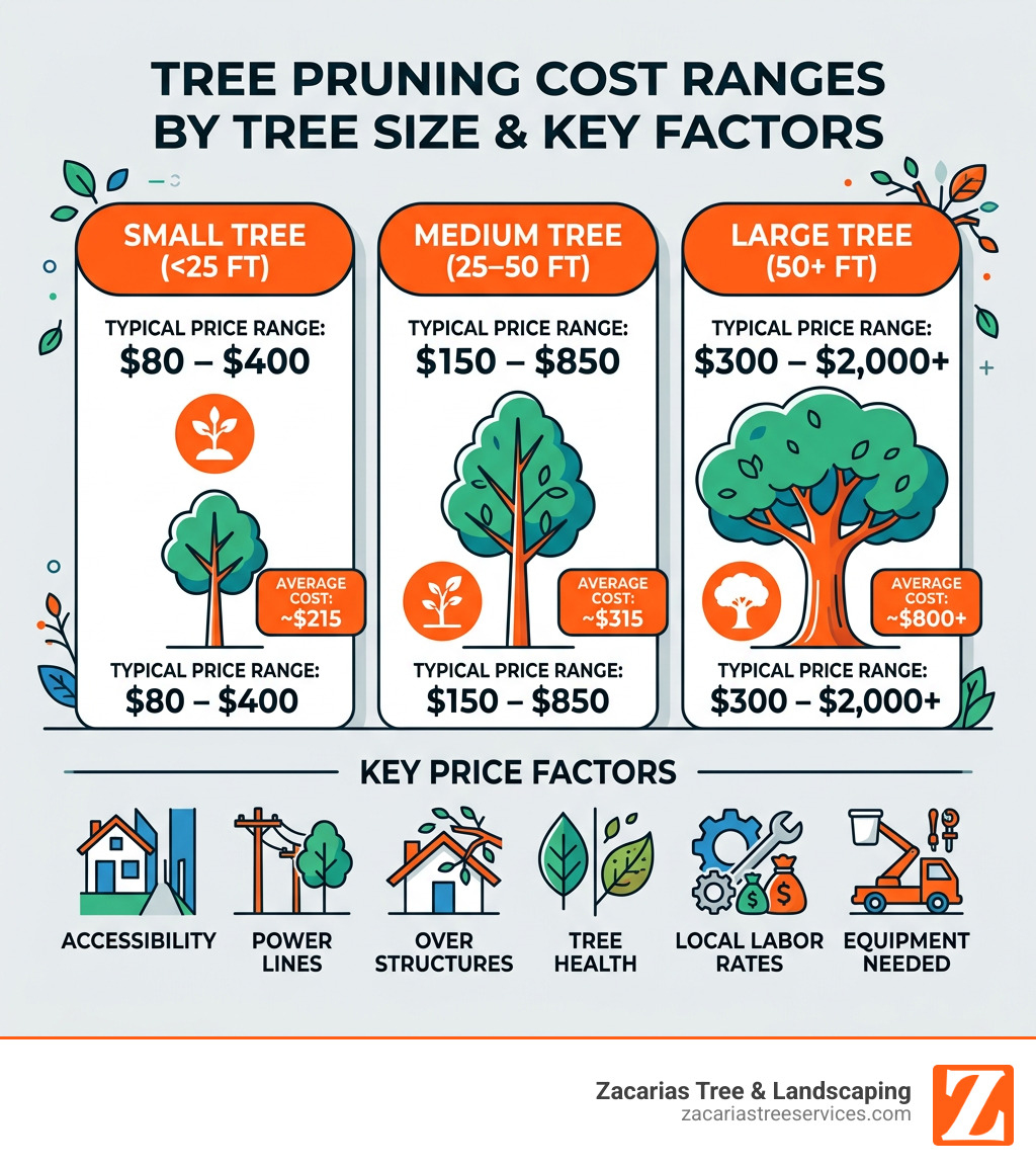 Tree pruning cost ranges infographic by Zacarias Tree & Landscaping, illustrating pricing for small, medium, and large trees, along with key price factors like accessibility, power lines, and tree health.