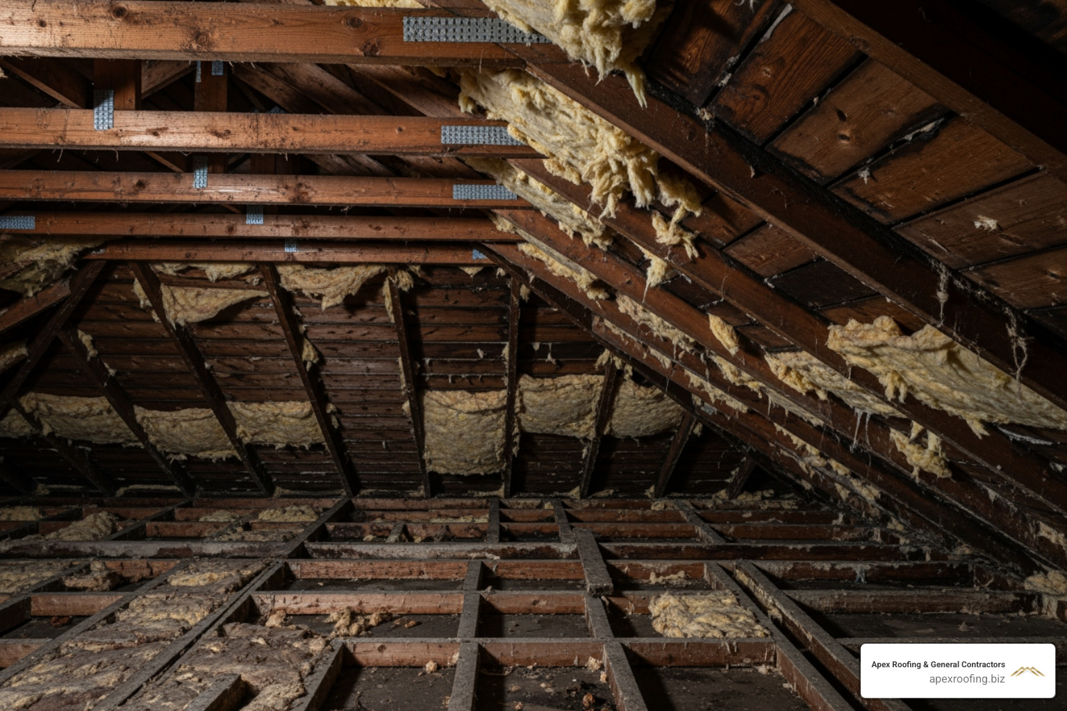 Attic mold and water-damaged insulation caused by a slow roof leak - roof leak services