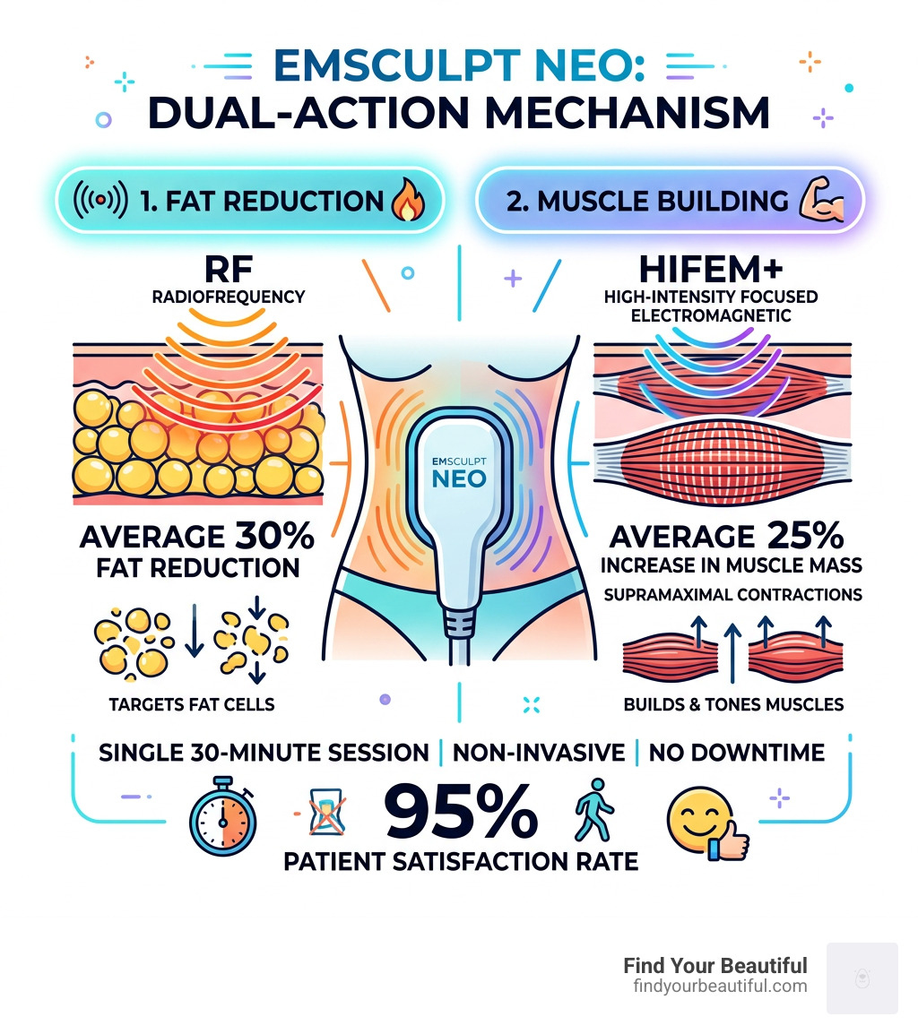 Infographic showing dual-action HIFEM+ and RF mechanism of Emsculpt NEO with key stats - emsculpt neo near me infographic 