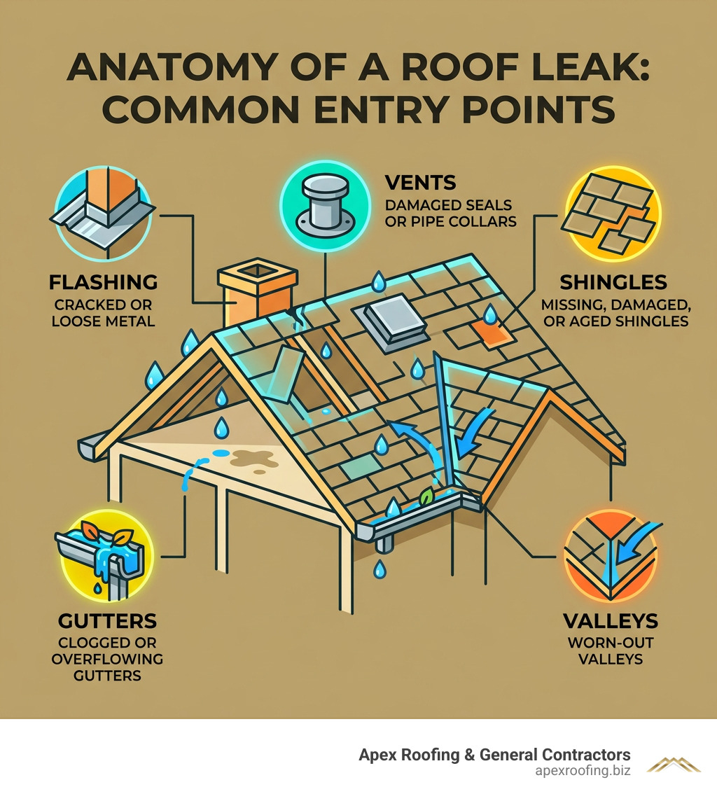 Infographic showing anatomy of a roof leak: common entry points including flashing, vents, shingles, gutters, and valleys