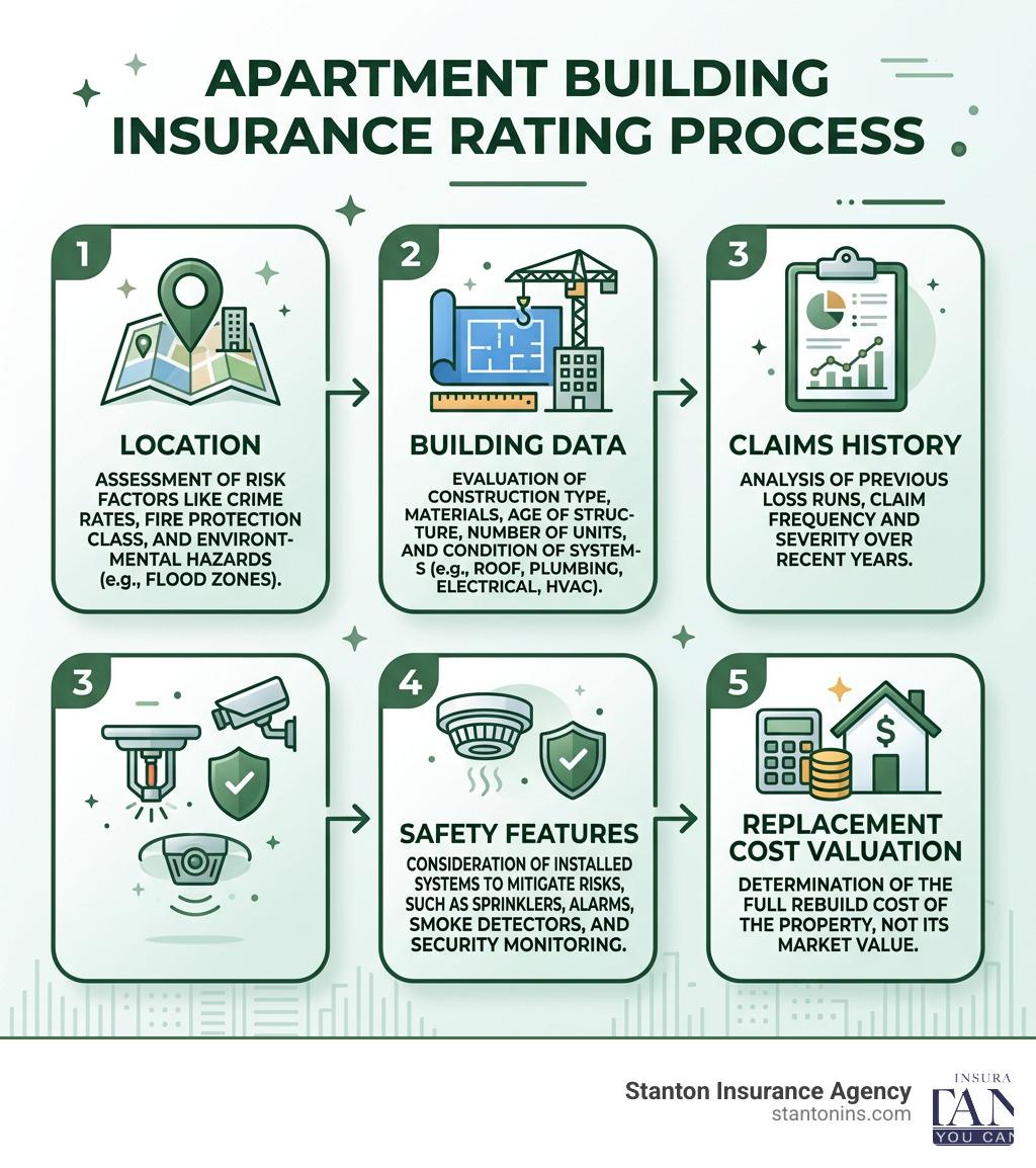 5-step apartment building insurance rating process infographic showing location, building data, claims history, safety