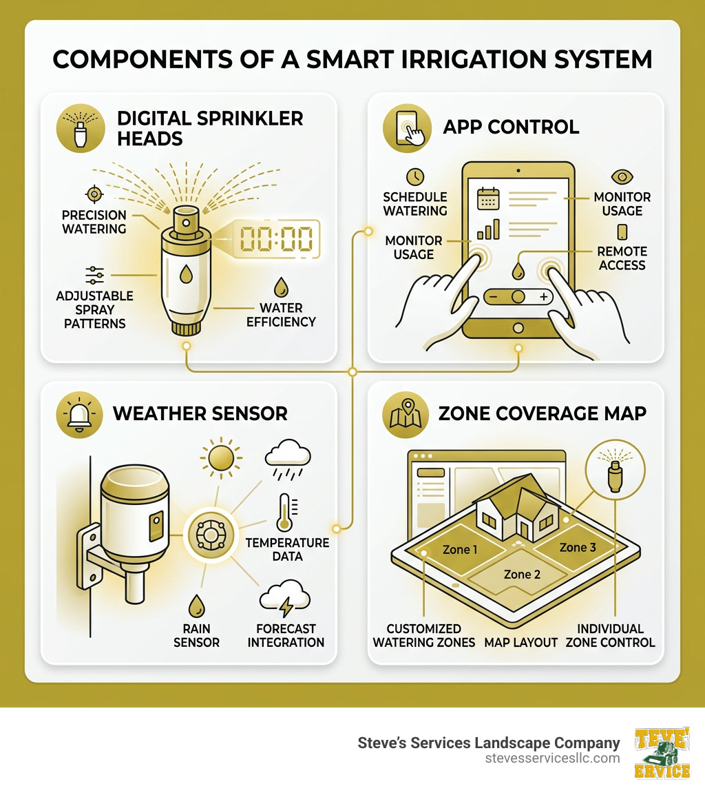 Infographic showing components of a smart irrigation system: digital sprinkler heads, app control, weather sensor, and zone