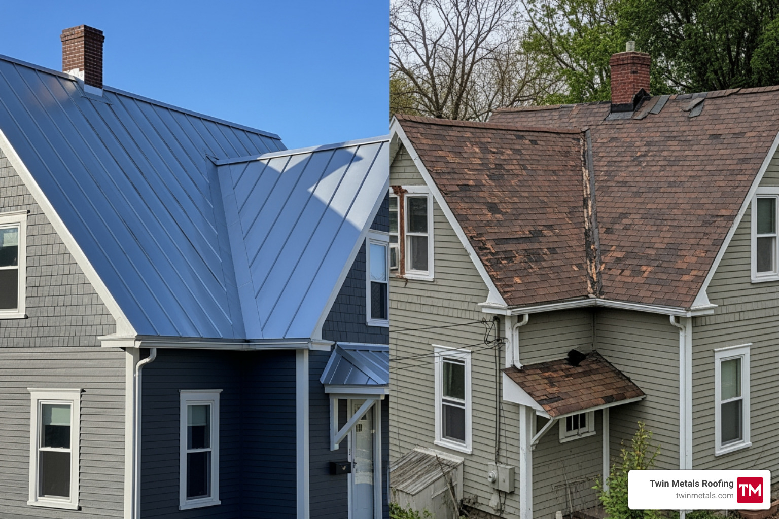 Comparison of an aged metal roof vs a worn-out asphalt shingle roof - long lasting metal roof Comparison of an aged metal roof vs a worn-out asphalt shingle roof - long lasting metal roof