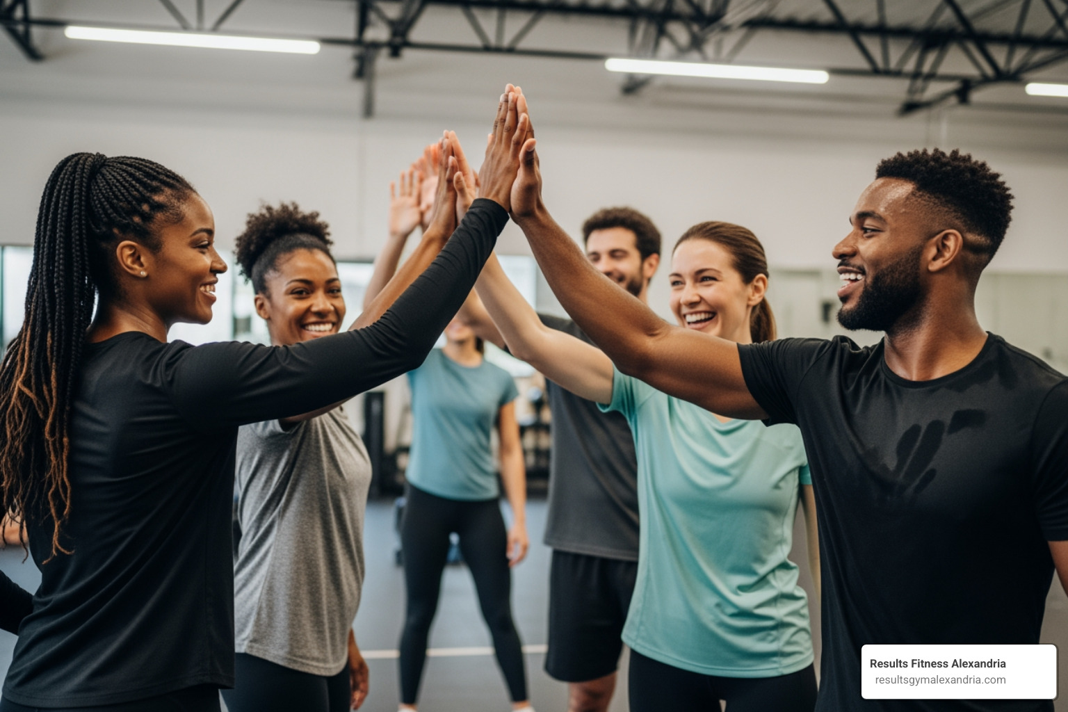 participants high-fiving in a supportive group fitness class - exercise classes for beginners