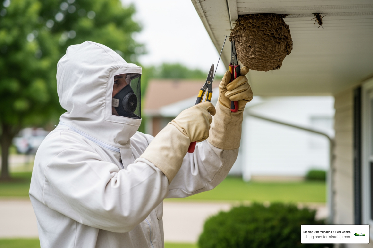 A professional in a full protective bee suit removing a nest - wasp nest removal chelmsford