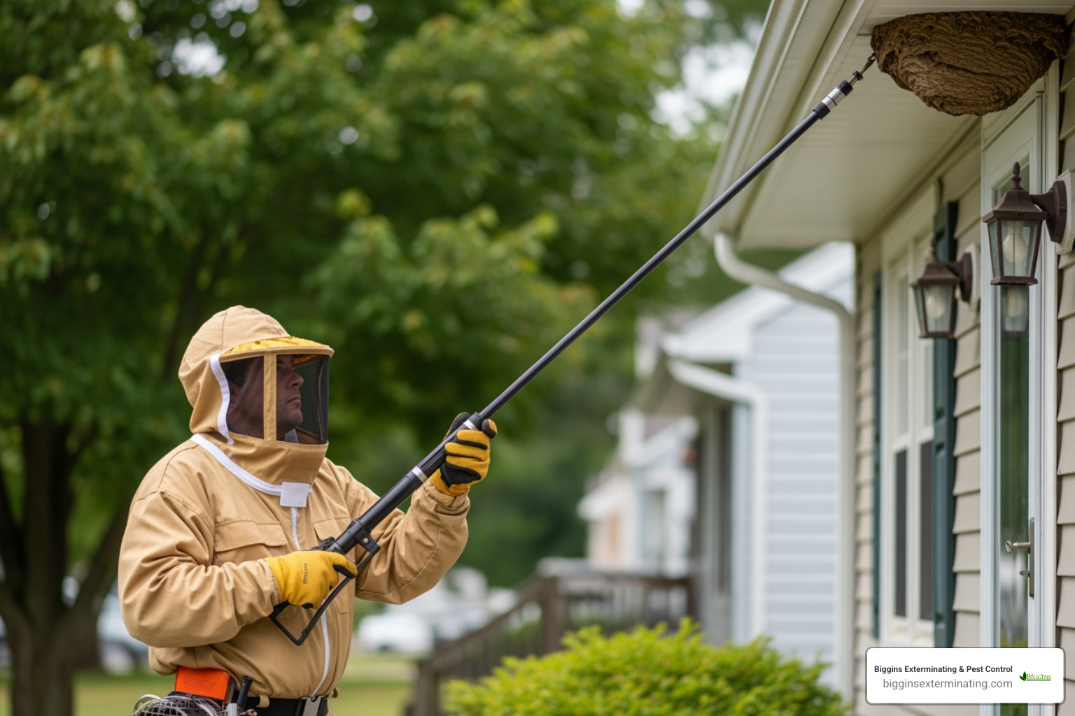 A technician using a telescopic lance to treat a high nest - wasp nest removal chelmsford