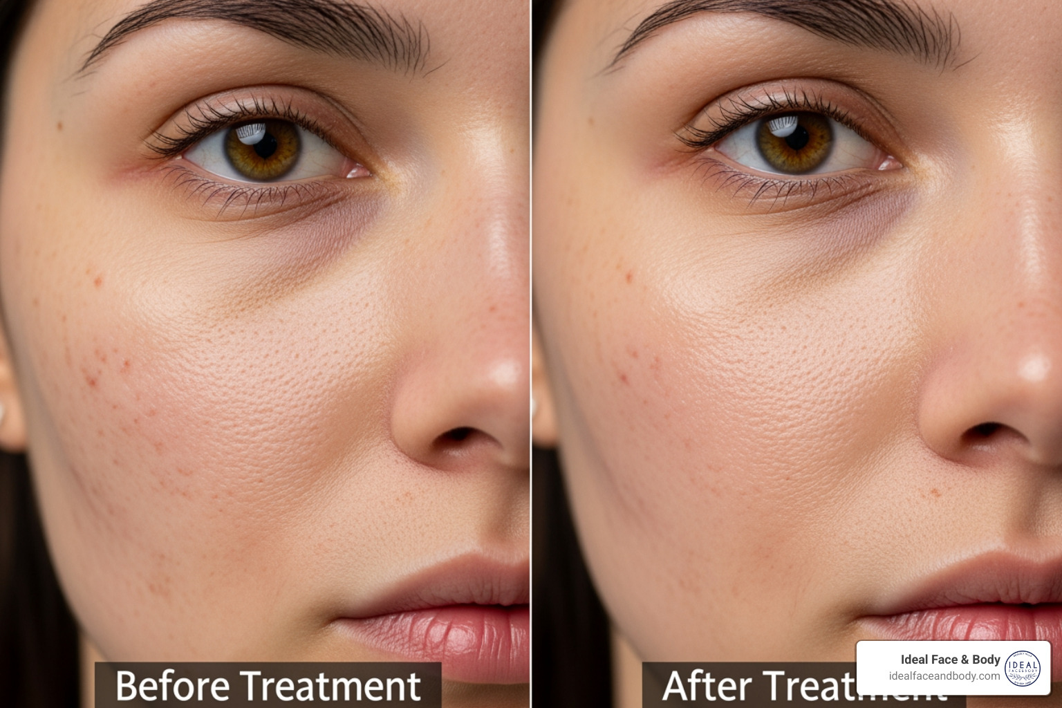 Before and after comparison showing acne scar improvement and smoother skin texture - Venus Viva radio frequency Before and after comparison showing acne scar improvement and smoother skin texture - Venus Viva radio frequency